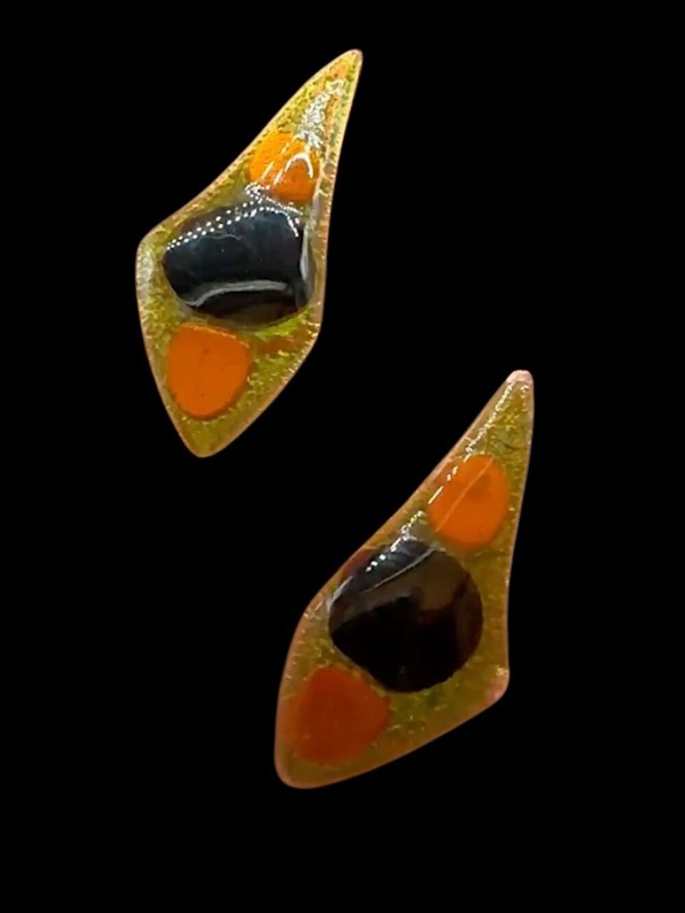 Vintage 1970s Screw Back Earrings Enamel on Copper Geometric Shape Gold Black